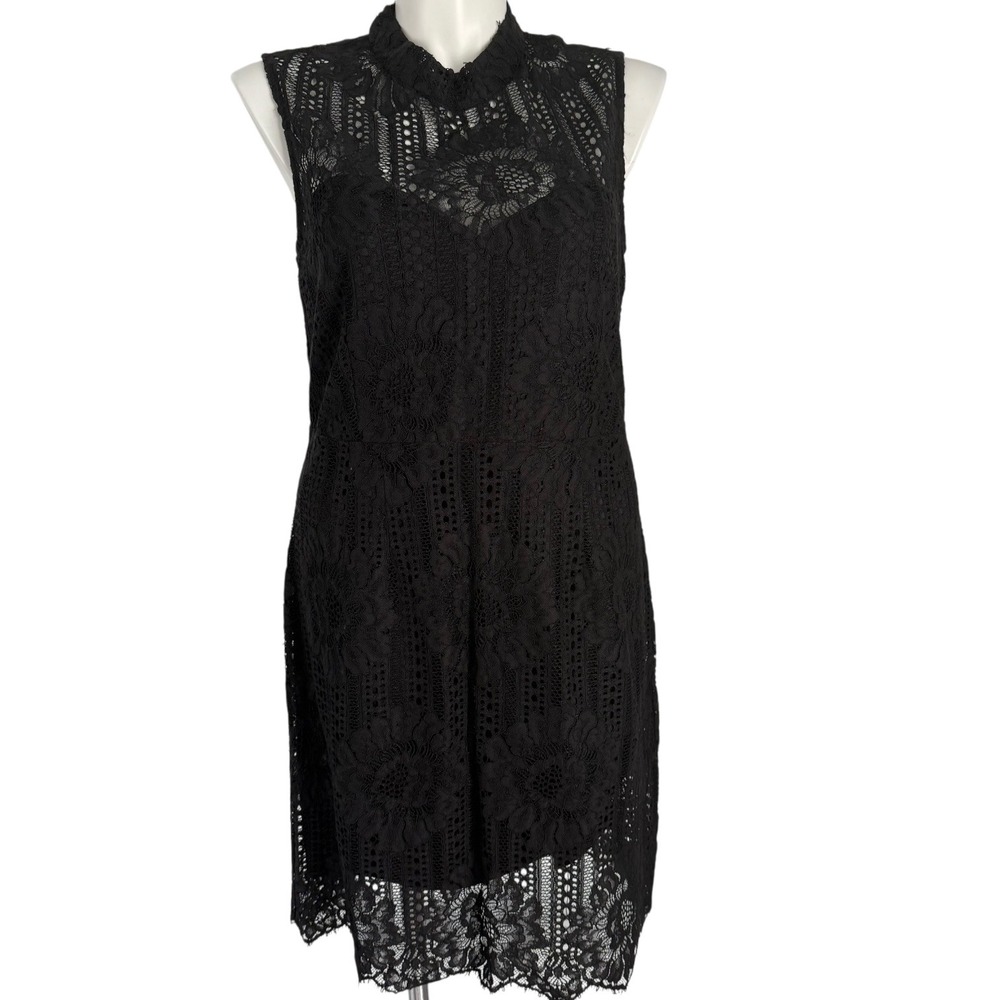 Karl Lagerfeld Paris Black Lace Dress Sleeveless‎ Mock Neck Open Back Size 16